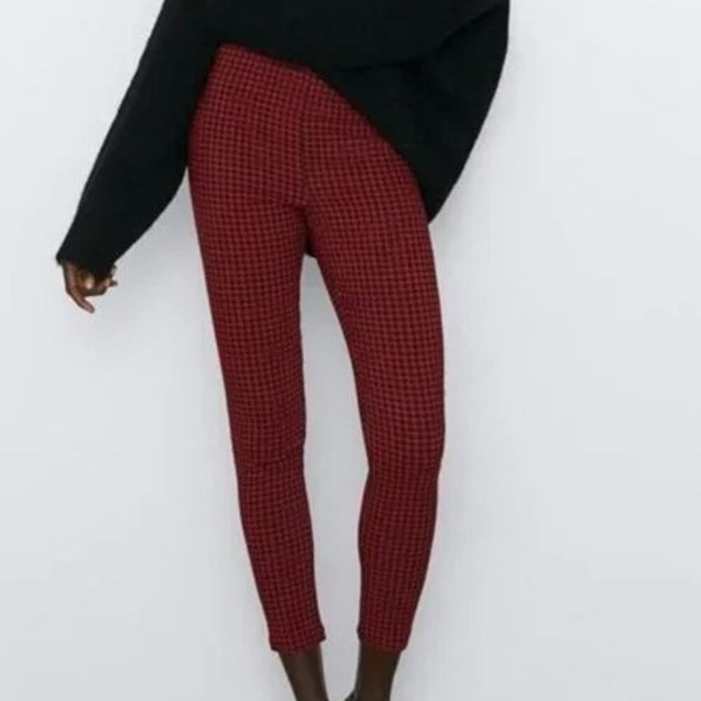 ZARA High Rise Stretch Gingham Flat Front Skinny Pants Button ZipUp L Red Black